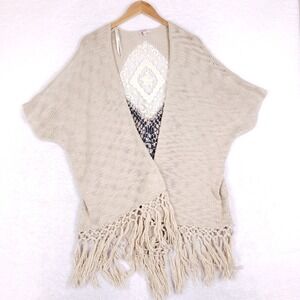Blu Pepper Vintage Cardigan S Bohemian Fringe Lace Back Geometric Tan Shrug